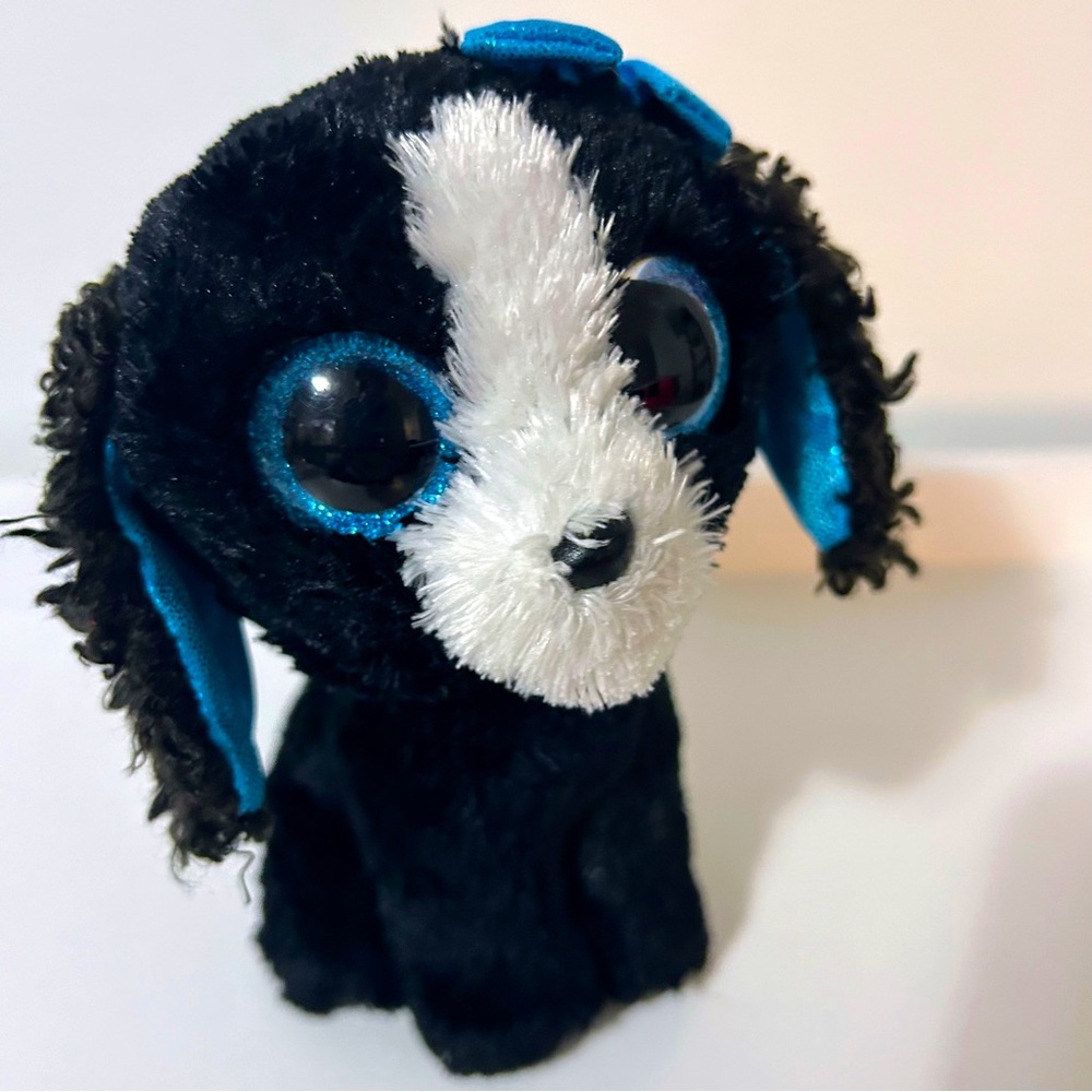 Ty Beanie Boo - Tracy The Dog 6” No Tag Curly Fur Blue Bow
